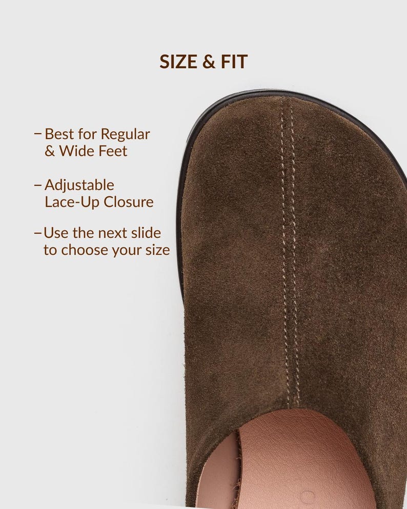 May include: A dark brown suede shoe with a rounded toe and a vertical seam detail. Text reads: SIZE & FIT, - Best for Regular & Wide Feet, - Adjustable Lace-Up Closure, - Use the next slide to choose your size. The interior lining is light pink.
