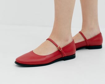 Red Mary Jane Shoes for Women: Leather Flats with Comfortable Low Heels