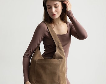 Borsa shopper in pelle scamosciata beige: borsa tote in pelle