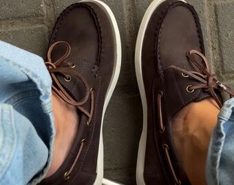 Women Leather Boat Shoes – Crazy Horse Topsiders with Leather Laces – Trendy Handmade Shoes – Brown Nautical Footwear – Gift for Her