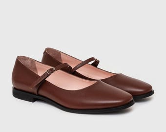 Leather Mary Jane Brown Shoes for Women, Handmade Leather Flats, Classic Style