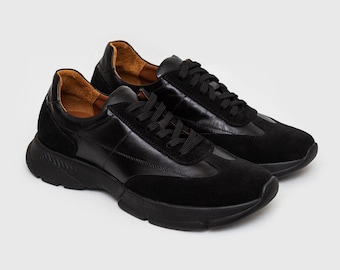 Handmade Men’s Sneakers – Black Leather & Suede – Lightweight EVA Sole