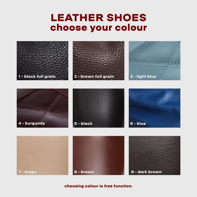 May include: A grid of nine leather swatches labeled LEATHER SHOES choose your colour. The swatches include black full grain, brown full grain, light blue, burgundy, black, blue, beige, brown, and dark brown. Text at the bottom reads choosing colour is free function.