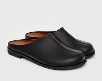 Tamancos pretos de couro estilo minimalista – Sapatos casuais de couro com bico redondo