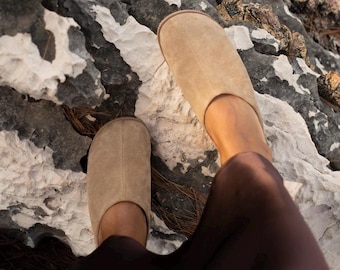 Beige Suede Anatomical Mules: Wide Toe Comfort Slides