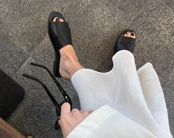 Natural Leather Slip-On Slides, Minimalist Flat Summer Sandals