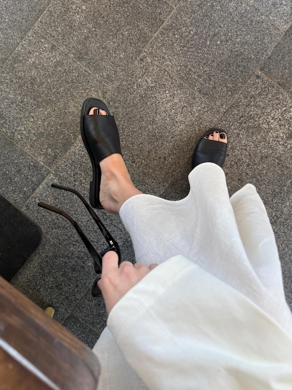 Natural Leather Slip-On Slides, Minimalist Flat Summer Sandals