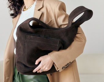 Brown Suede Tote Bag - Handmade Everyday Tote