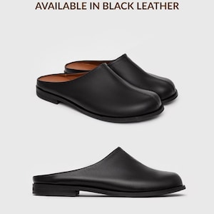 May include: Black leather mules featuring a smooth finish, a rounded toe, and a low heel. The text AVAILABLE IN BLACK LEATHER is displayed at the top, and the text *also available in other colours is displayed at the bottom of the image.