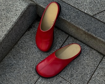 Red Leather Anatomical Mules — Statement Minimalist Shoes