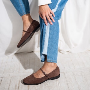 Mary Jane Shoes for Women: Brown Suede Flats with Comfortable Low Heels