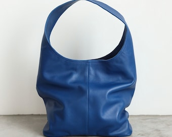 Navy Blue Leather Shopper Tote: Handmade Luxury Bag