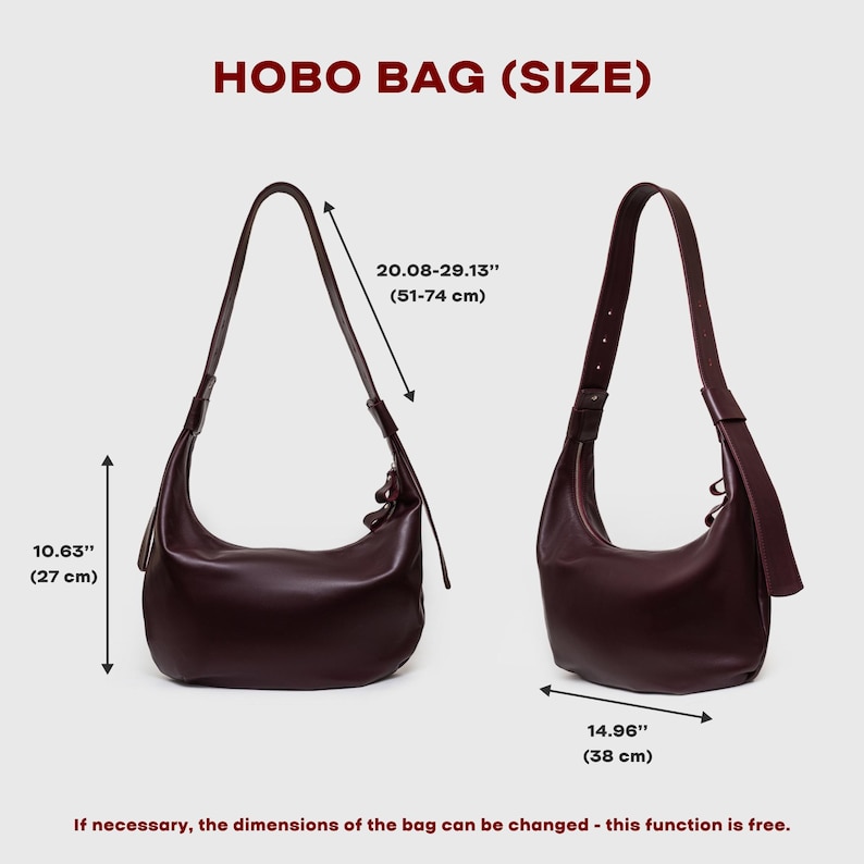 May include: Two burgundy hobo bags are displayed, showcasing their dimensions. The bags have adjustable straps and a curved design. The text "HOBO BAG (SIZE)" is at the top. The dimensions are 10.63" (27 cm), 20.08-29.13" (51-74 cm), and 14.96" (38 cm).