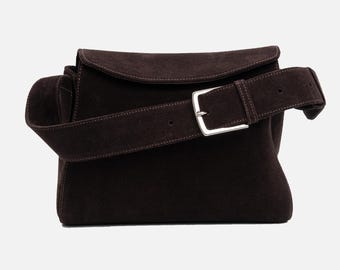 Bolso de hombro minimalista de ante marrón: bolso de mano hecho a mano para uso diario.