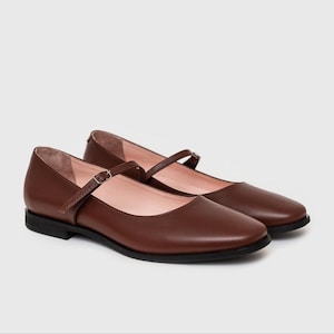 Mary Jane Women Shoes: Brown Leather Flats with Comfortable Low Heels