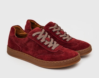 Burgundy Suede Trainers, Handmade Unisex Sneakers, Comfortable Walking Shoes, Minimalist Casual Footwear