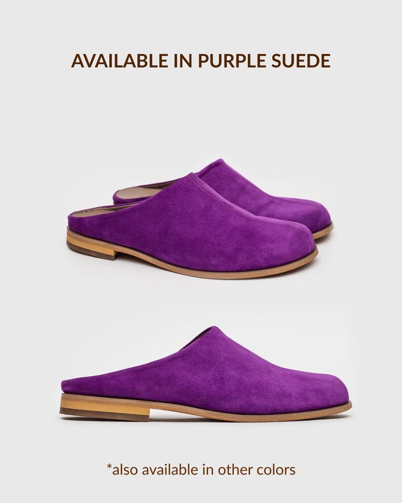 May include: A pair of purple suede mules with a rounded toe and a low, flat wooden heel. The text AVAILABLE IN PURPLE SUEDE is printed above the shoes, and the text *also available in other colours is printed below the shoes.