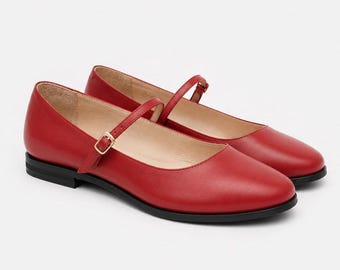 Red Leather Mary Jane Shoes, Genuine Leather Ballet Flats