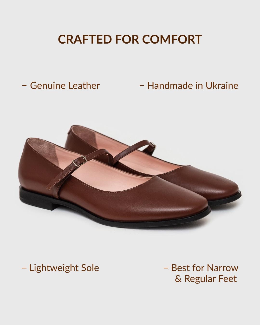 Leather Mary Jane Brown Shoes for Women, Handmade Leather Flats, Classic Style