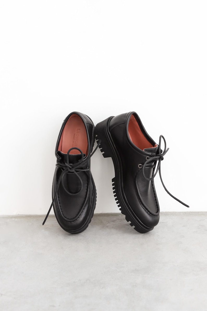 Handmade Black Leather Moc Toe Shoes, Chunky Lug Sole Lace Up image 4