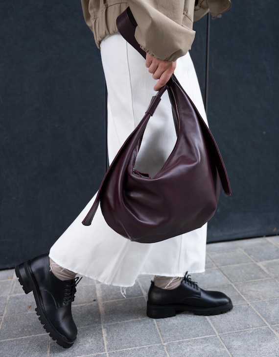 Burgundy Leather Hobo Bag: Handmade Slouchy Tote