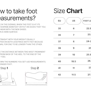 Puede incluir: Una tabla de tallas de zapatos con columnas para la talla de zapato europea, la talla de zapato estadounidense y la longitud del pie en cent&iacute;metros. La tabla muestra tallas de 35 a 42.