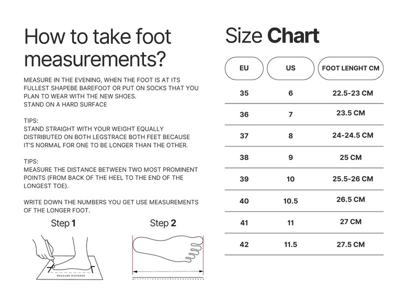 Puede incluir: Una tabla de tallas de zapatos con columnas para la talla de zapato europea, la talla de zapato estadounidense y la longitud del pie en cent&iacute;metros. La tabla muestra tallas de 35 a 42.