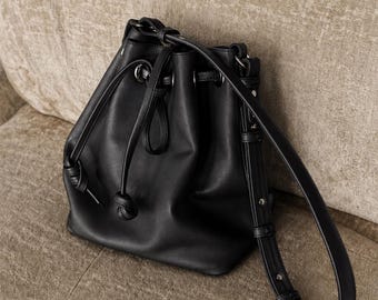 Handmade Black Leather Bucket Bag, Convertible Crossbody Purse, Drawstring Shoulder Bag