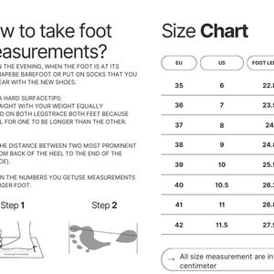 May include: A white and black size chart with instructions on how to measure feet. The chart includes EU, US, and foot length measurements in centimeters. The text reads, "How to take foot measurements?"