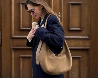 Beige Suede Hobo Bag: Handmade Slouchy Tote