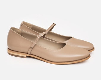 Beige Leather Mary Jane Shoes for Women, Handmade Ballet Flats, Classic Everyday Style