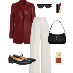 Puede incluir: Una chaqueta de cuero roja, pantalones blancos de pierna ancha, zapatos negros de tac&oacute;n, un bolso negro con el logotipo YSL dorado, gafas de sol negras, una botella de perfume y un pintalabios rojo.