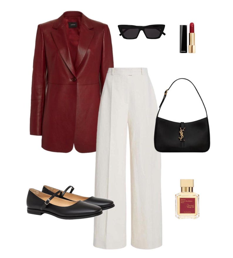 Puede incluir: Una chaqueta de cuero roja, pantalones blancos de pierna ancha, zapatos negros de tac&oacute;n, un bolso negro con el logotipo YSL dorado, gafas de sol negras, una botella de perfume y un pintalabios rojo.