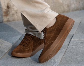 Men's Brown Suede Trainers, Handmade Leather Shoes, Comfortable Casual Footwear, Minimalist Walking Shoes