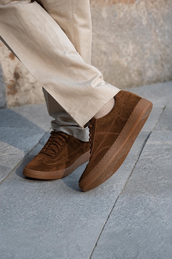 brown dress trainers Men's Suede Trainers, Handmade Leather Shoes, Comfortable Casual Footwear, Minimalist Walking Shoes Leather trainer