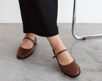 Brown Leather Mary Jane Shoes for Women, Handmade Ballet Flats, Classic Everyday Style
