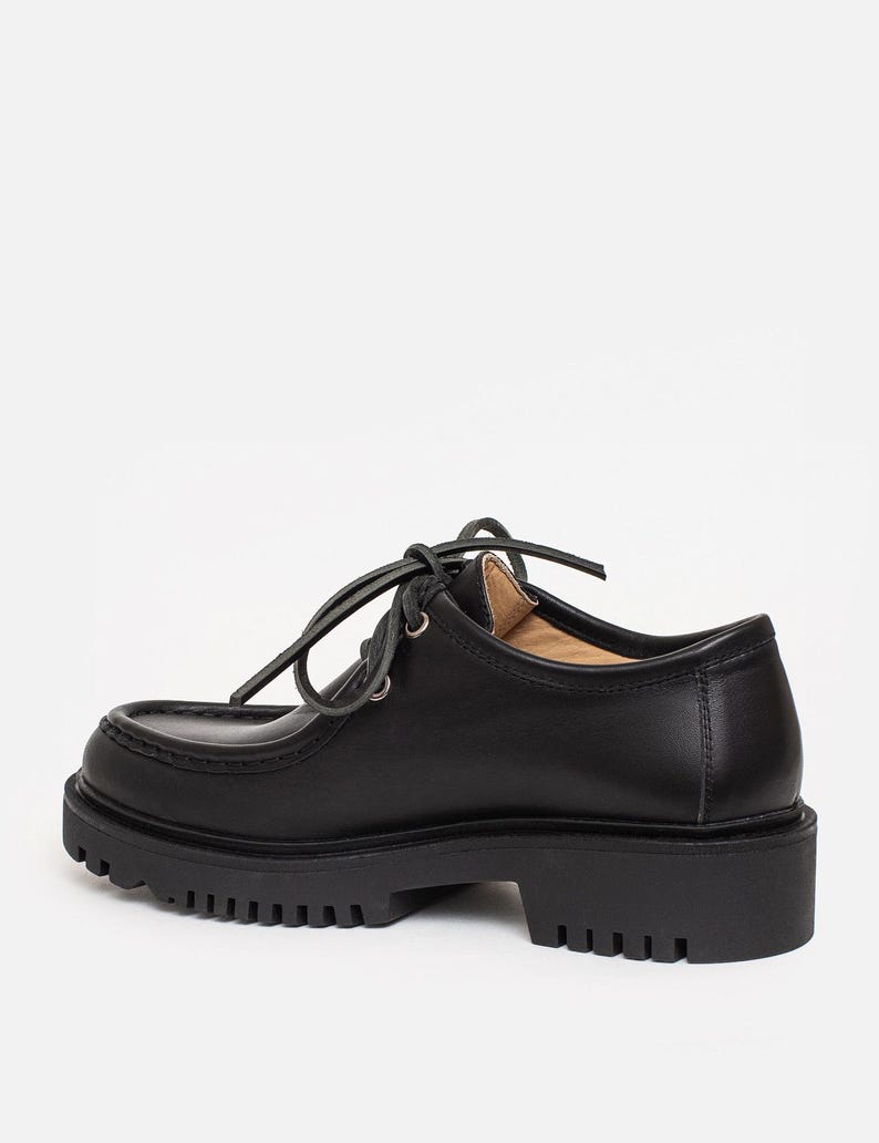 Handmade Black Leather Moc Toe Shoes, Chunky Lug Sole Lace Up image 9