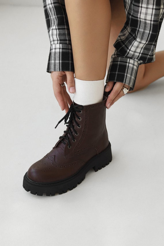 Genuine Brown Leather Boots for Women – Lace Up Ankle/Mid Boot, Comfortable & Durable