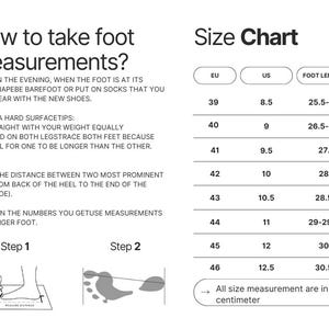 May include: A white chart with instructions on how to measure foot length, including diagrams and a size chart. The size chart includes EU, US, and foot length measurements in centimeters, ranging from 25.5 cm to 30.5 cm.