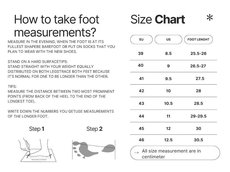 May include: A white chart with instructions on how to measure foot length, including diagrams and a size chart. The size chart includes EU, US, and foot length measurements in centimeters, ranging from 25.5 cm to 30.5 cm.