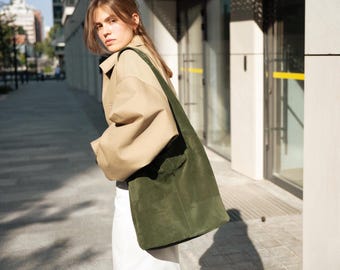 Dark Green Suede Tote Bag Handmade Minimalist Slouchy Shoulder Shopper