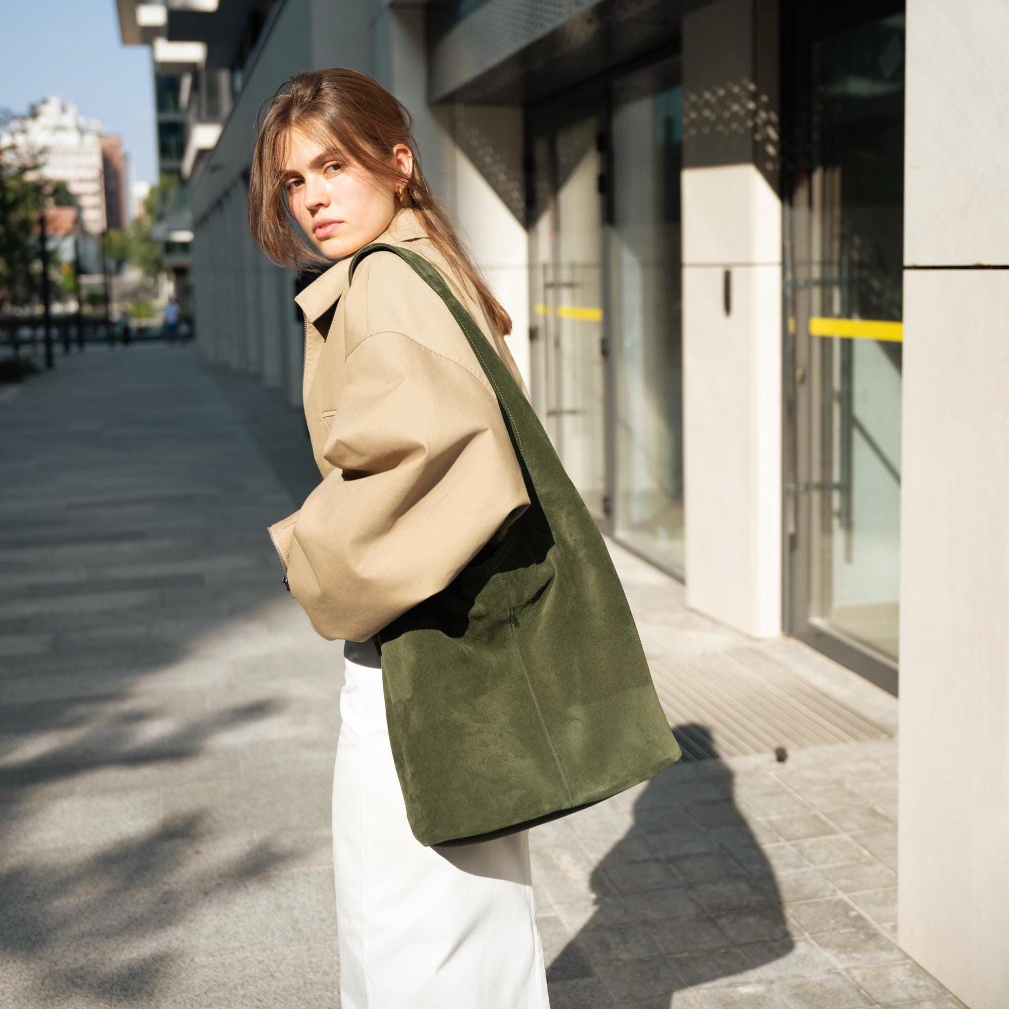 Dark Green Suede Tote Bag: Handmade Everyday Shopper - Etsy