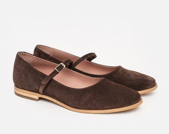 Zapatos Mary Jane de ante marrón - Elegantes bailarinas para mujer - Zapatos hechos a mano