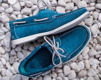 Men’s Suede Boat Shoes | Navy Blue Topsiders | Handmade in Ukraine | Thick Natural Suede Casual Shoes
