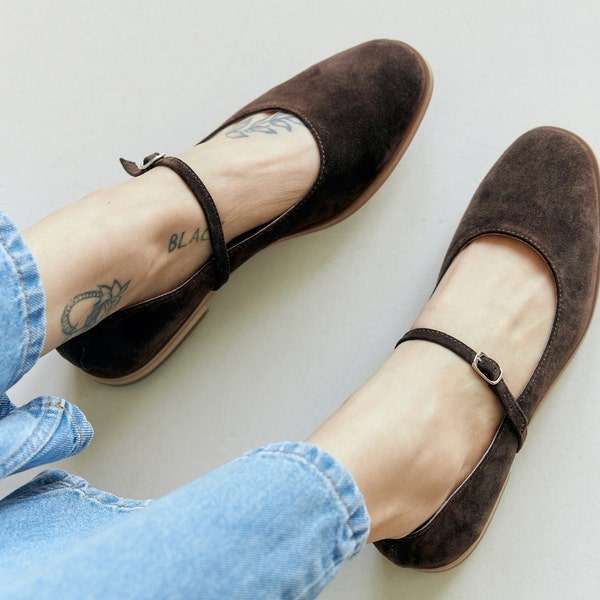 Mary Jane Shoes for Women: Brown Suede Flats with Comfortable Low Heels