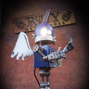 Robot metal sculpture table lamp / Cute little robot figure Heavy Metal / Gift for him