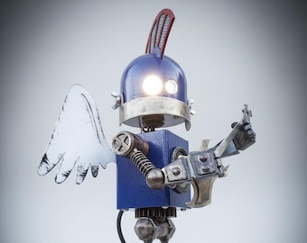 Robot metal sculpture table lamp / Cute little robot figure Heavy Metal / Gift for him