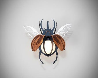 Hercules beetle metal sculpture, Insect with horns and wings spread night light, Flying bug shaped lamp, Minimalistic entomology home decor