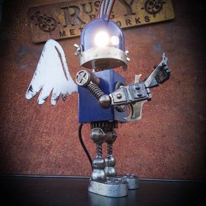 Robot metal sculpture table lamp / Cute little robot figure Heavy Metal / made in Ukraine