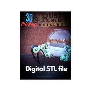 May include: A 3D printed model of a robotic arm holding a clear glass dome. The arm is green and white with black accents. The text "3D Printing" and "Rust Bug Metalwork" is visible in the background.
